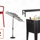 Gina Armchair, $100 | Shadow Black and White Stripe Umbrella Shade, $40 | Idle Black Outdoor Chaise Lounge, $269 | Rolling Cooler, $229